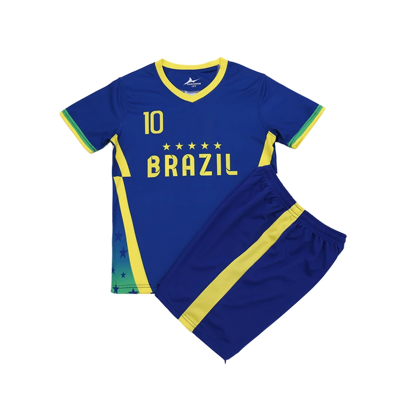 Colorful Summer Soccer Jersey Set for Kids - Yingruida Blue Brazil Away Design