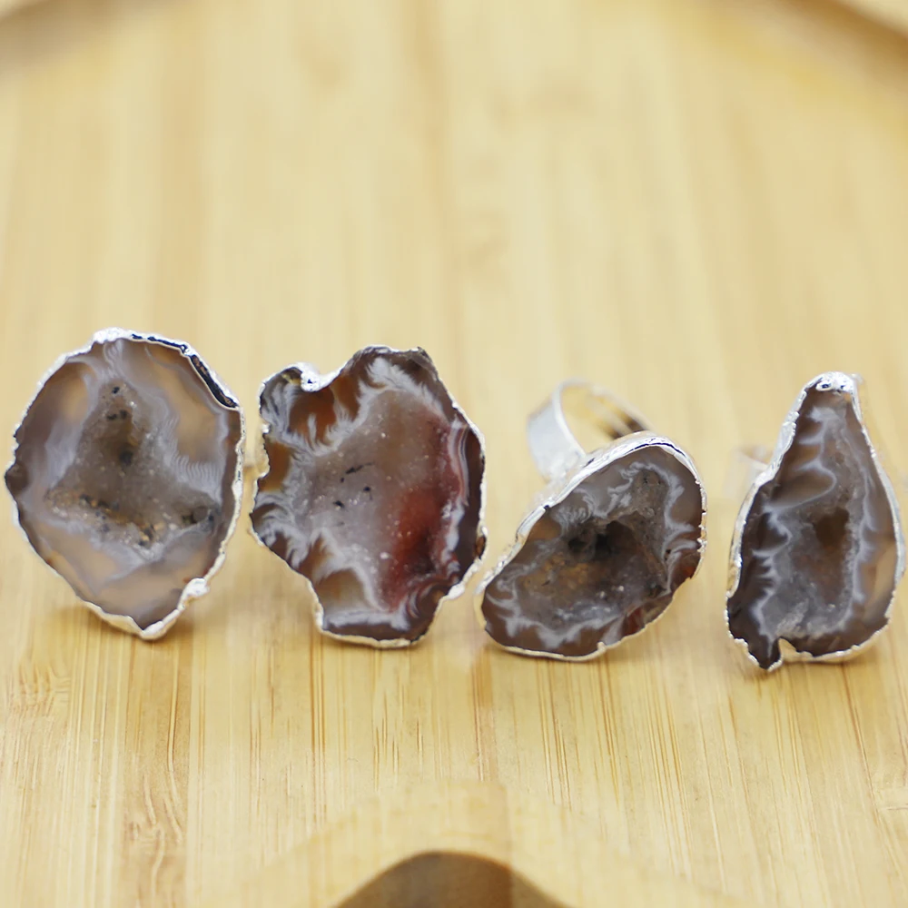 Natural Stone Irregular Agate Druzy Finger Ring Silver Plated Healing Quartz Primary Slice Resizable Size Jewelry Wholesale 6Pcs