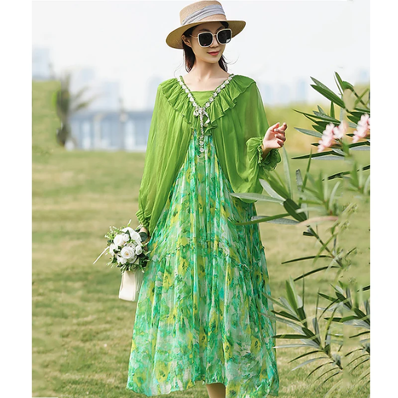 

Женское роскошное пляжное платье, Элегантное Шелковое Платье для отпуска с V-образным вырезом и рукавами-фонариками, один размер, весна-лето 2024