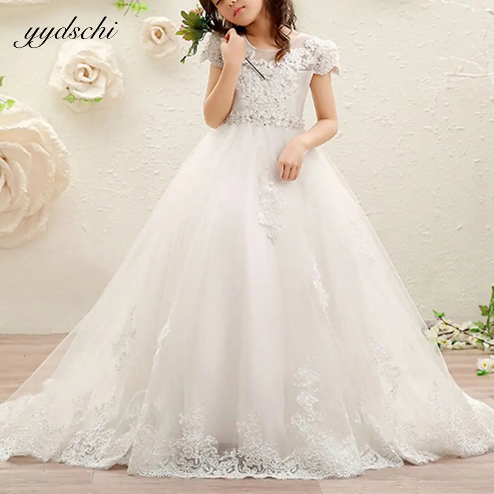 

Elegant White Lace Appliques Beading Flower Girl Dress For Wedding 2023 Princess A-Line Puffy O-Neck Kids First Communion Gowns