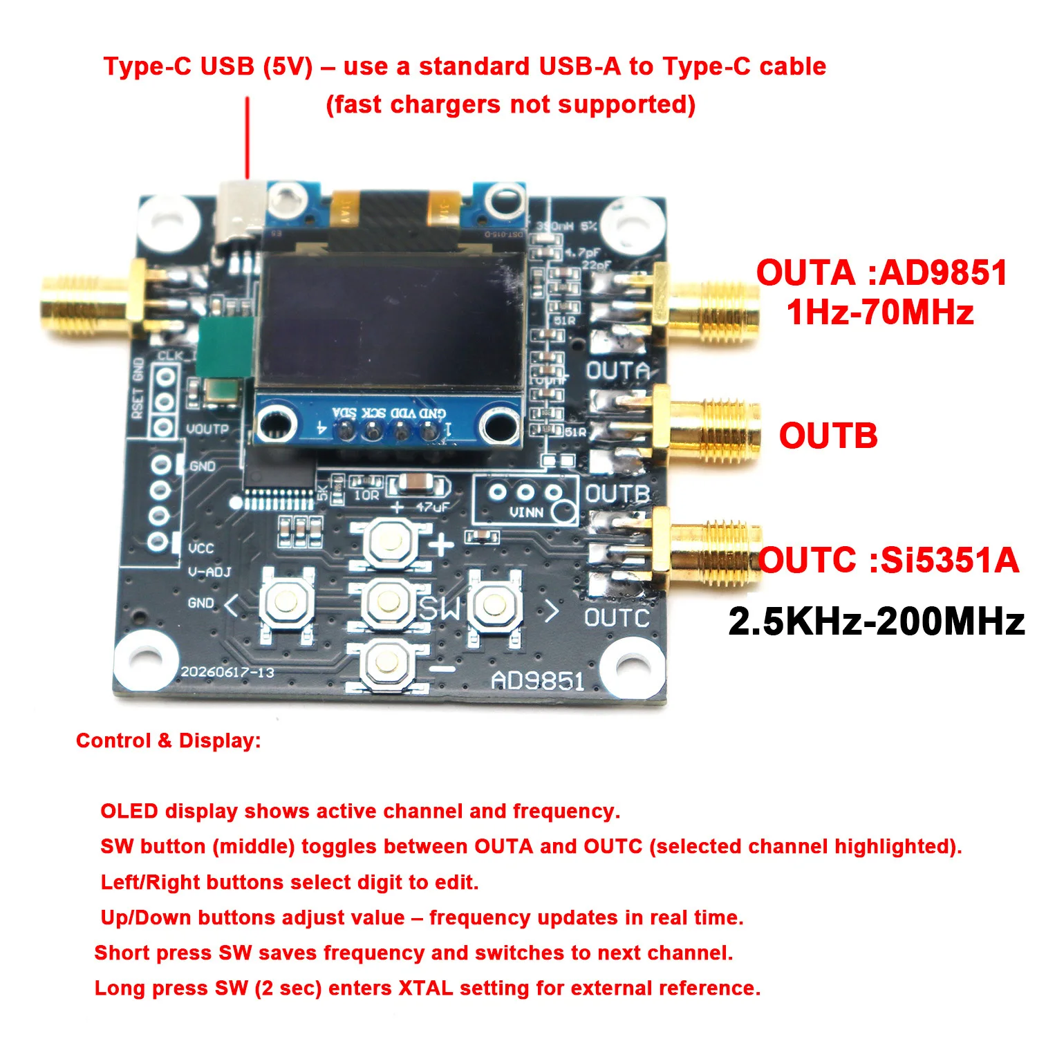 AD9851＋Si5351A RF 신호 발생기 시계 소스 모듈 RF 회로 디버깅용 필터 스펙트럼 분석기 햄 라디오 교정용