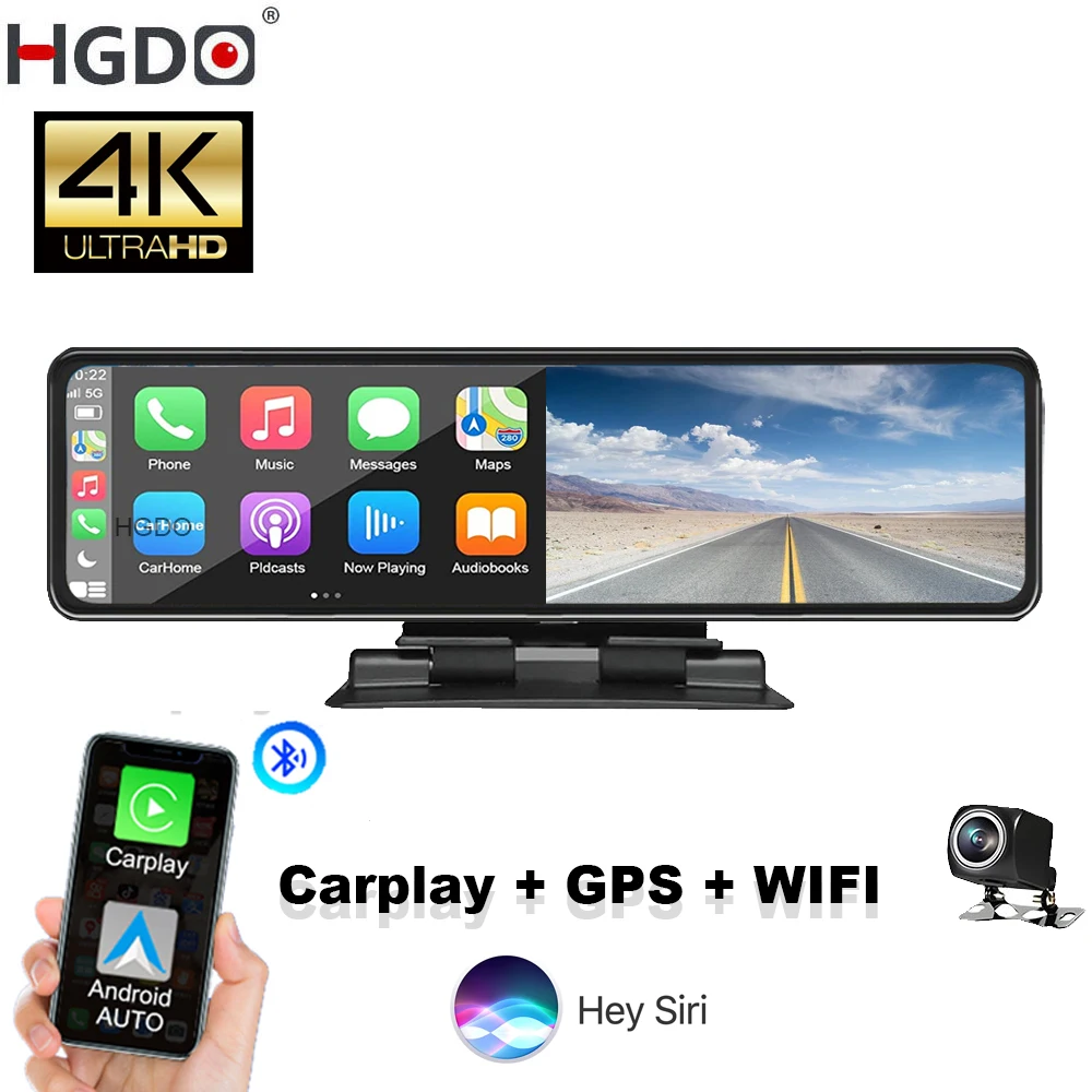 HGDO T160 4K Dash Cam Carplay Android Auto Rearview Mirror GPS Video Recorder 5GHz WIFI FM Car Camera DVR Siri Voice Dashboard