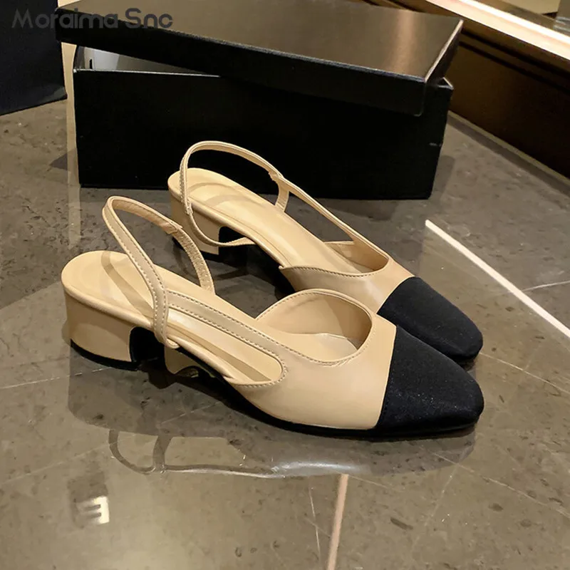 

Color-Blocked Toe-Back Hollow Sandals Square Toe Thick Heel Leather High Heels Summer Shallow Mid-Heel Fashion Women's Sandals