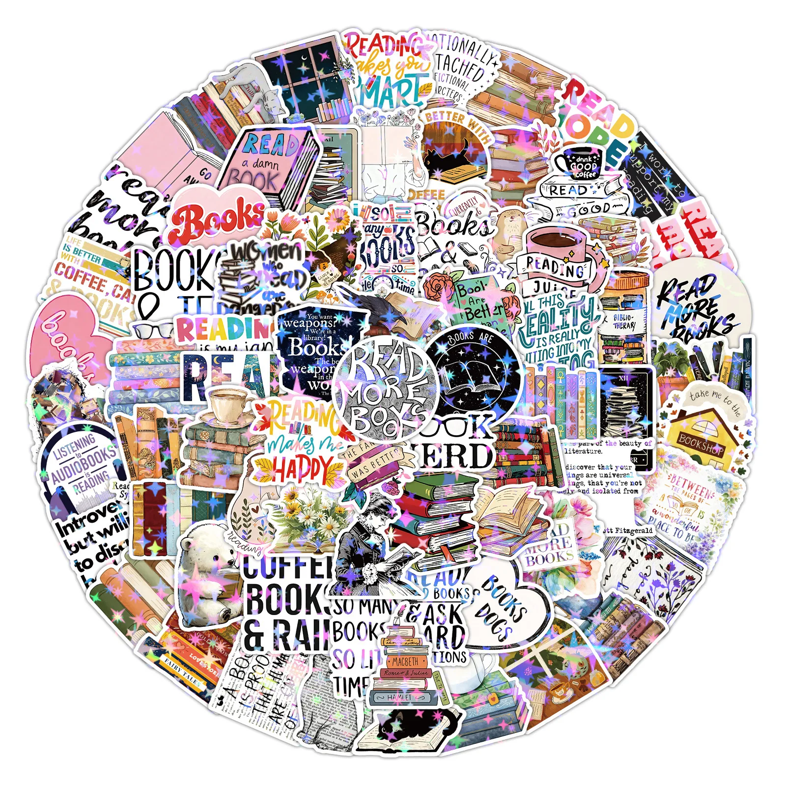 100PCS 독서 스티커 홀로그램 독서 그래피티 스티커 DIY 일기 전화 케이스 수제 스크랩북 미적 스티커