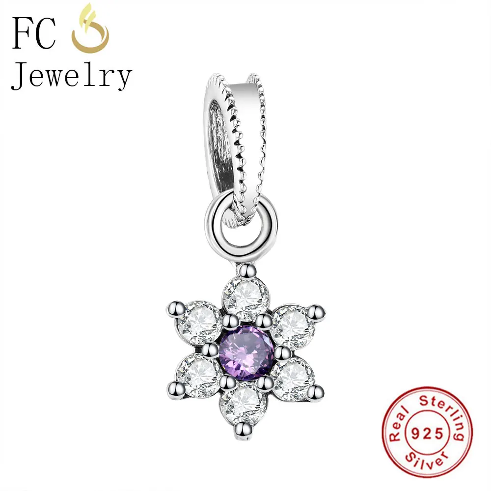 

FC Jewelry Fit Original BrandCharms Bracelet 925 Sterling Silver Forget Me Not Flower Pave Purple Cubic Zircon Beads Berloque