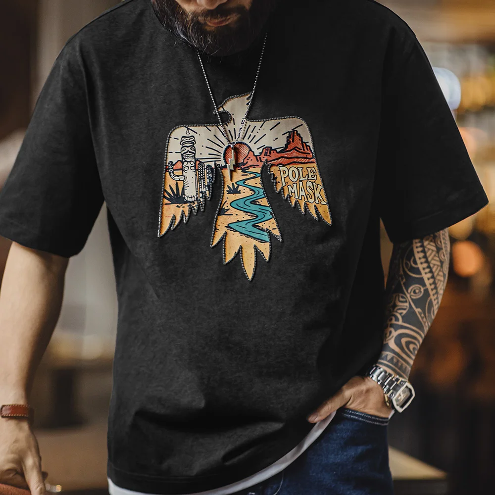 Maden Vintage Style Thunderbird Print T-Shirt Men's Summer Heavyweight Embroidered Short Sleeve Tee Navajo Crew Neck Street Tops
