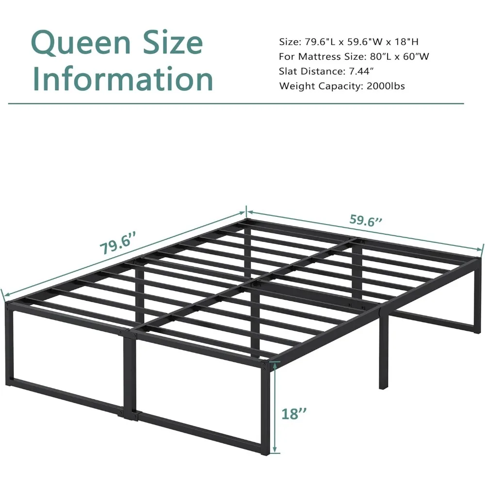 18 Inch Queen Bed Frame, No Box Spring Needed, Heavy Duty Metal Platform Queen Size Bed Frame 2