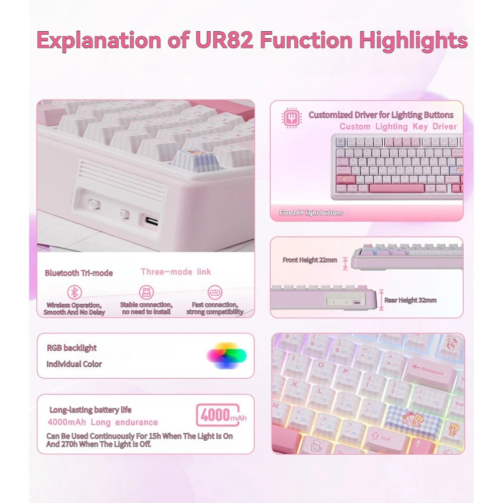 UR82 기계식 키보드 키트 무선 트라이 모드 가스켓 RGB 핫스왑 QMK/VIA 커스텀 75% 귀여운 소녀 오피스 게이밍 키보드 선물