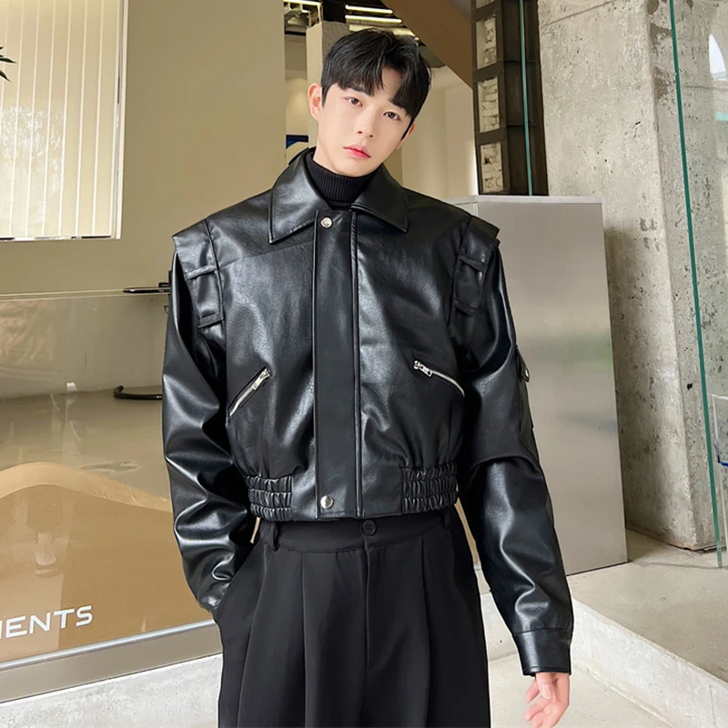 Korean Motorcycle Leather Jackets Men Large Lapel PU Casual Biker