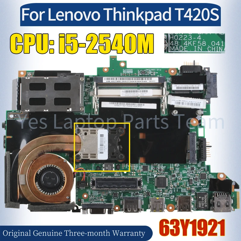 

H0223-4 For Lenovo Thinkpad T420S Mainboard 63Y1921 SR046 i5-2540M 100％ Tested Notebook Motherboard