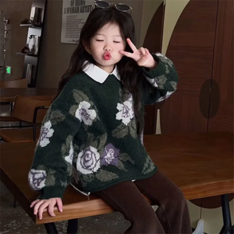 Ragazze Maglione Cappotto Di Lana Bambini Top Knitting 2023 Floreale Addensare Caldo Inverno Autunno Cottons Adolescenti Outwear Abbigliamento Per Bam