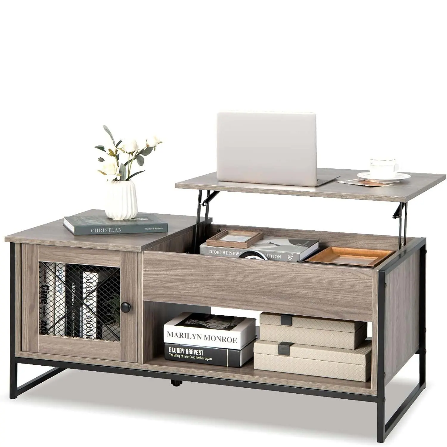 Coffee Table Height Adjustable, 2 Levels Side Table with Hidden Storage Space & Door, Wooden Sofa Table, Coffee Table