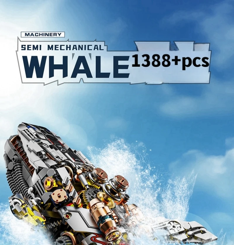 FUNXINEE 1388Pcs Ocean Life Mechanical Whale Blocks With Light Power Module Bionic Motion Creative Ornament MOC Gift Box