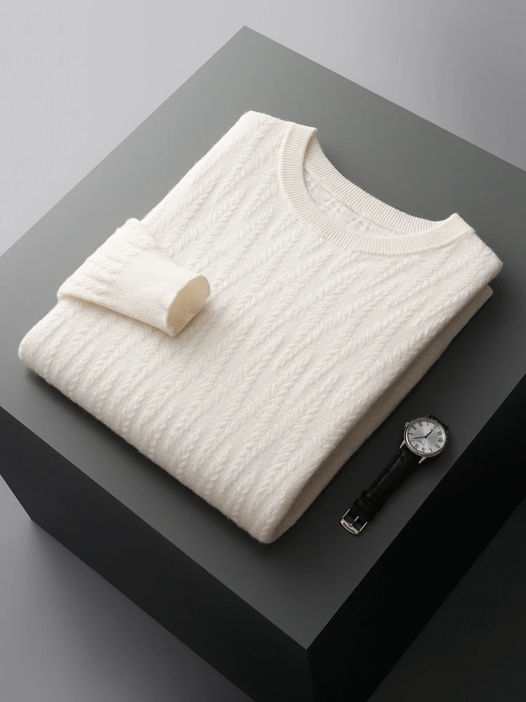 

ADDONEE Autumn Winter Men Cashmere Sweater Cable Knit O-neck Thick Pullover 100% Merino Wool Knitwear Soft Warm Clothing Tops