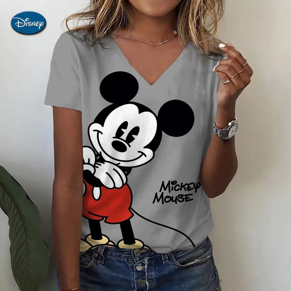 Camisetas de Disney con estampado 3D de Mickey Mouse para mujer, ropa informal de manga corta con cuello en V, Harajuku, Y2K, Hip Hop, novedad de verano