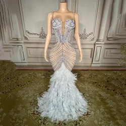 Rhinestones Pearls Floor-length Feathers Dress Women Birthday Celebrate Wedding Evening Prom Dress Photo Shoot Wear