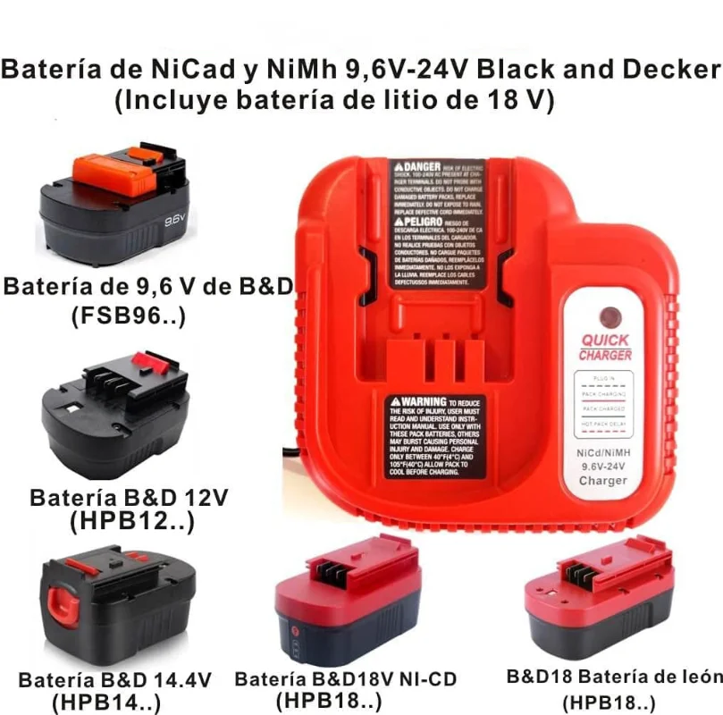 Charger For Black & Decker 9.6V 12V 14.4V 18V 24V HPB18 Battery BDCCN24  BDFC240