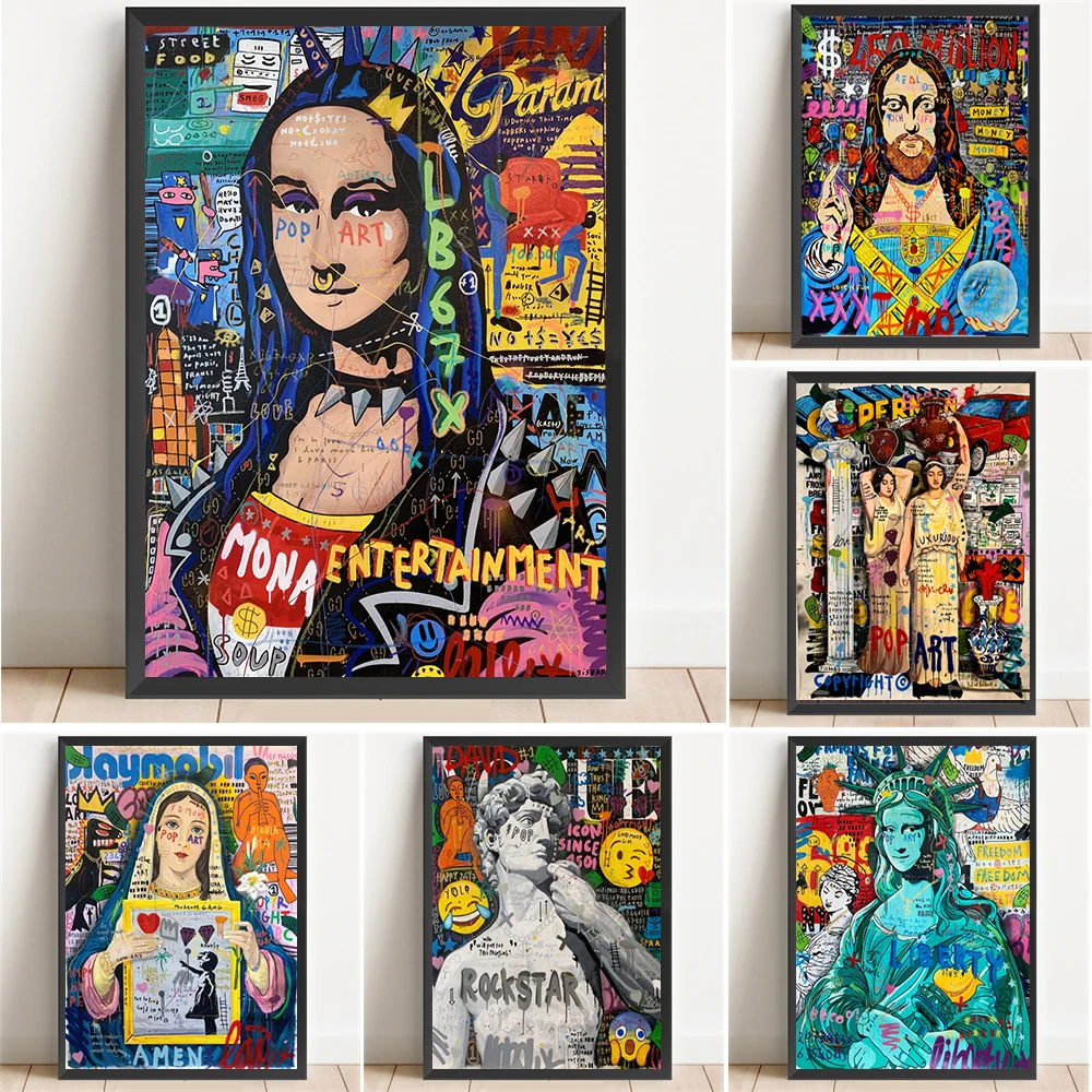 Banksy-Art-Virgin-Mary-Graffiti-Poster-Mona-Lisa-Colorful-Canvas-Prints
