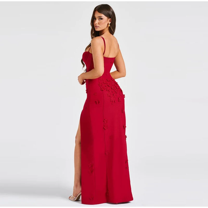 Sexy 3D Flowers Sling Tube Dresses Women Vintage Solid Slim Fit Sleeveless Slit Long Dress Female Spring Chic Evening Vestidos