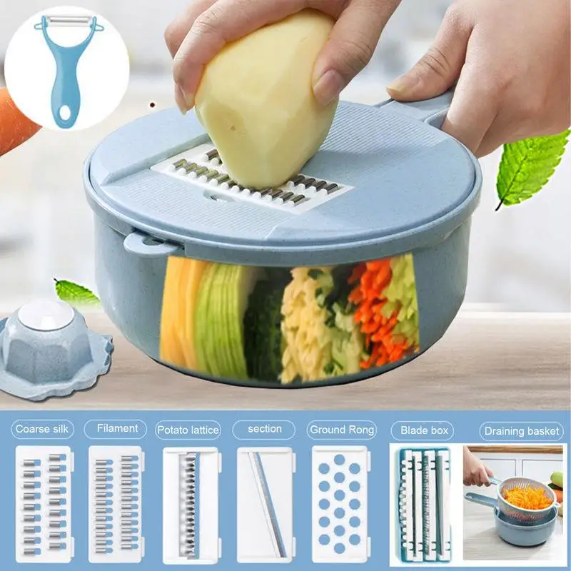 

12 In 1 Multifunctional Vegetable Slicing Tool With 7 Blades And Container Vegetable Slicer Potato Grater With Drain Basket