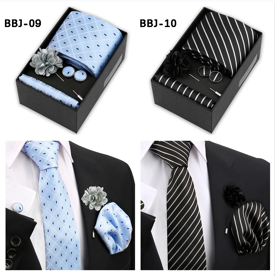 Marke Design Krawatte Taschentuch Manschettenknopf Clip Set Für Männer Seide Krawatte Urlaub Geschenk Box Blau Gold Anzug Zubehör Hochzeit Gravata – Detail 8