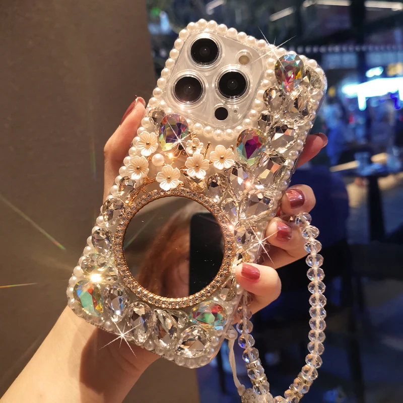 

Полностью алмазный круглый зеркальный чехол с цветком вишни для телефона IPhone 14 Pro Max легкий роскошный стиль с чехлом для IPhone 13/14Pro