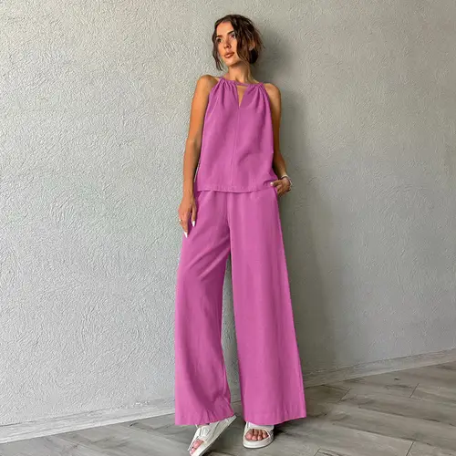 2026 Spring and Summer Casual Khaki Cotton and Linen Suit Women's Vacation Style Loose Neck Vest Trousers Two-piece Set - Image 6