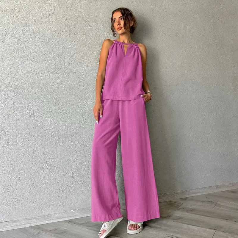 2026 Spring and Summer Casual Khaki Cotton and Linen Suit Women's Vacation Style Loose Neck Vest Trousers Two-piece Set - Image 6