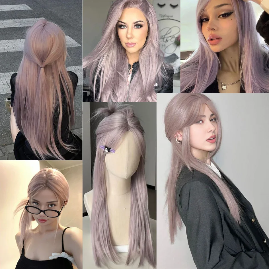 Synthetic - Grey Purple Wig 24 inches 8.57oz Bazi bangs long straight hair cover, Cosplay Music Festival Halloween Christmas