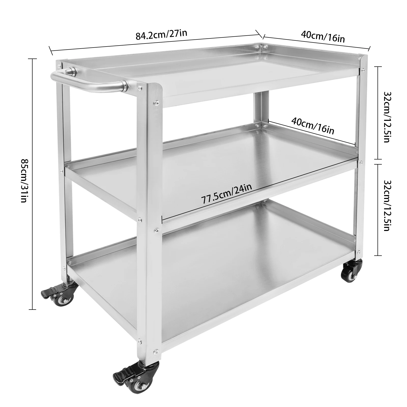 3 Tier Stainless Steel Kitchen Trolley Cart Utility Serving Storage Rolling Car Shelf Kitchen Trolley Car