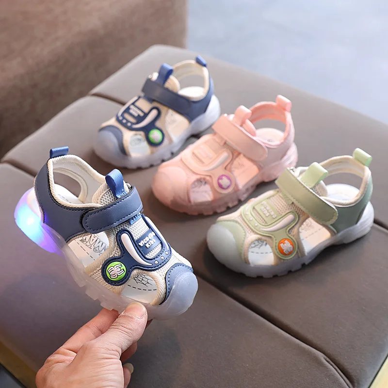 Toddler Boy Summer Shoes Soft Bottom Led Light Up Sandals Girls Boys Cartoon Character Design Cowboy Boot Slippers