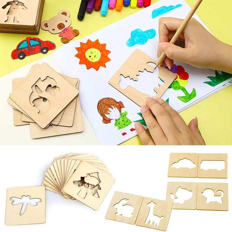20Pcs Kids Wooden Drawing Stencils Kit Drawing Board Toys Coloring Puzzle Arts Crafts