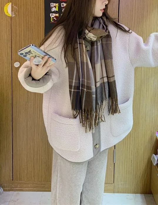 2023 Winter Plush Thickened Cardigan Long Sleeve Casual Loose Simple Contrast Coat Retro Small Fragrance Coat