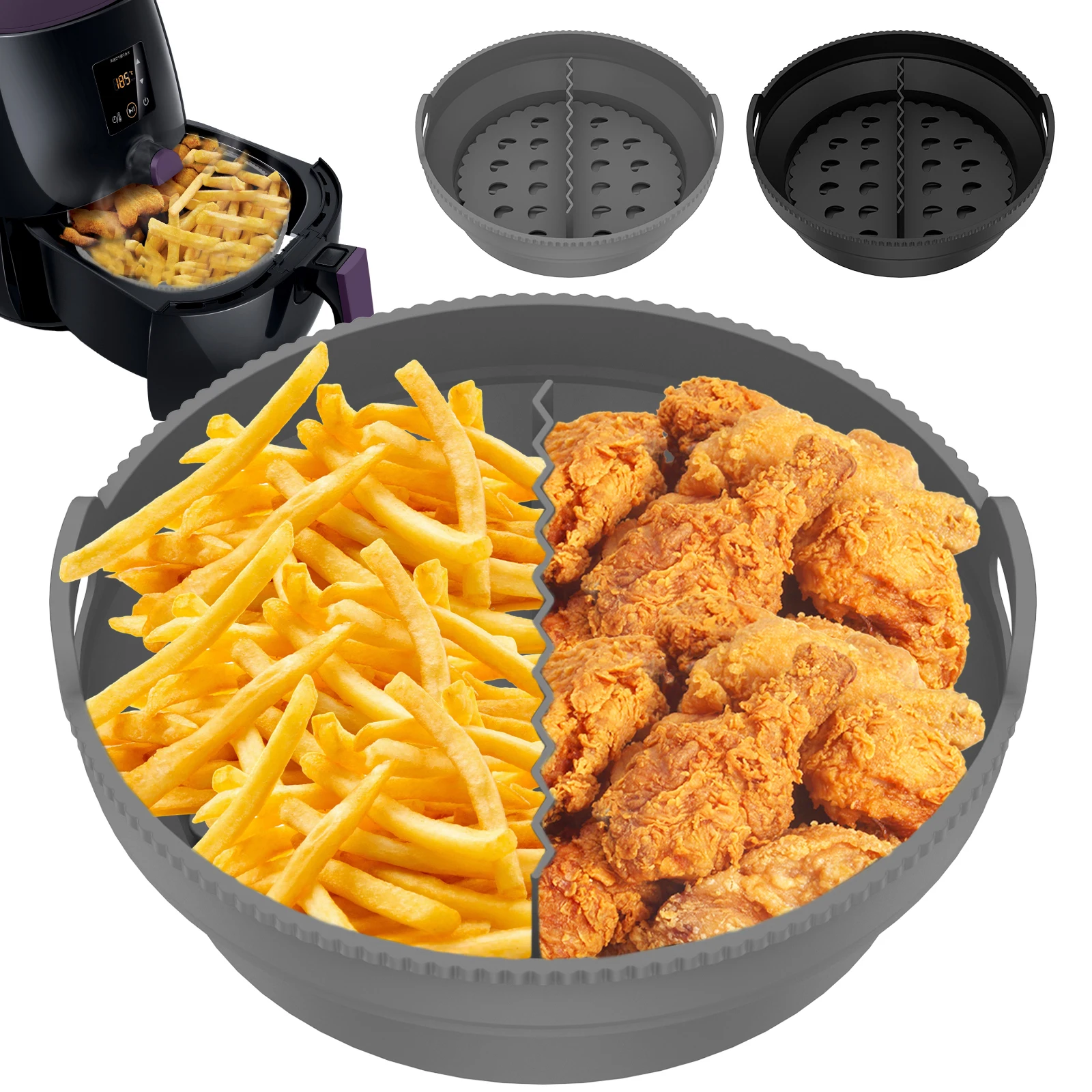 1/6Set Air Fryer Silicone Liner Pan with Divider Multipurpose Air Fryer Silicone Basket Foldable Tray Kitchen Cooking Tools