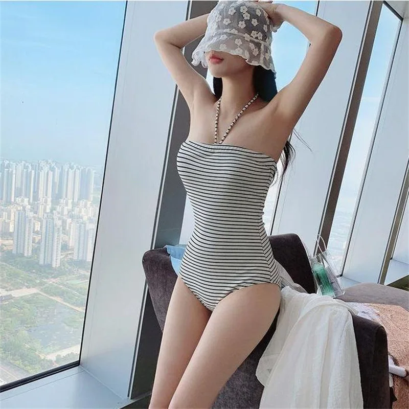 

Simple Small Fresh Stripes 2023 New Korean Student Women Swimsuit Hanging Neck Sexy One Piece Hot Spring Swimwear Female