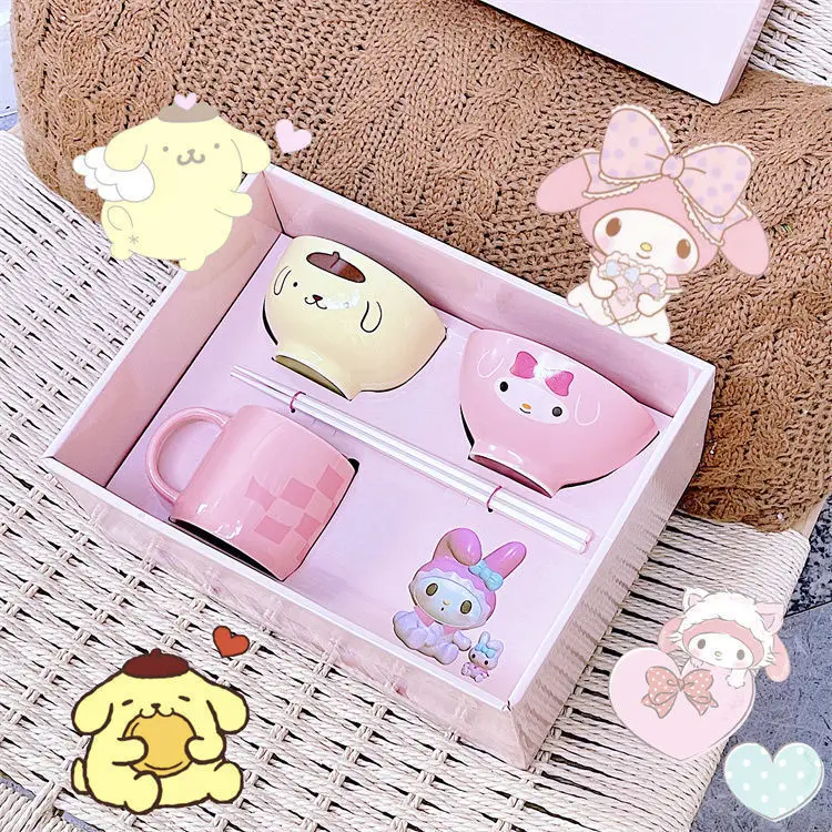 

Anime Kawaii Cute Cartoon My Melody Pom Pom Purin New Tableware Gift Box Ceramic Mug Set Combination Holiday Gift for Friends