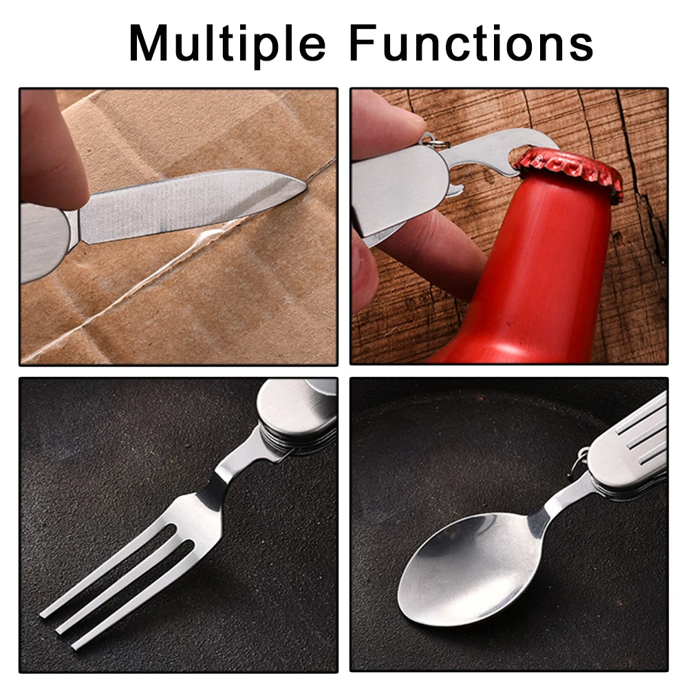 Foldable Camping Utensil 4 in Set Stainless Steel Fork,Knife,Spoon,Bottle Opener for Outdoor Meals, Camping,Backpacking,Hiking