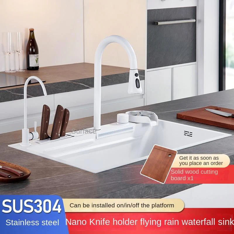 Nano White Stainless Steel Kitchen Sink Multifuctional Sink Waterfall Kitchen Faucets with Drainer Kitchen Novel Accessories 2