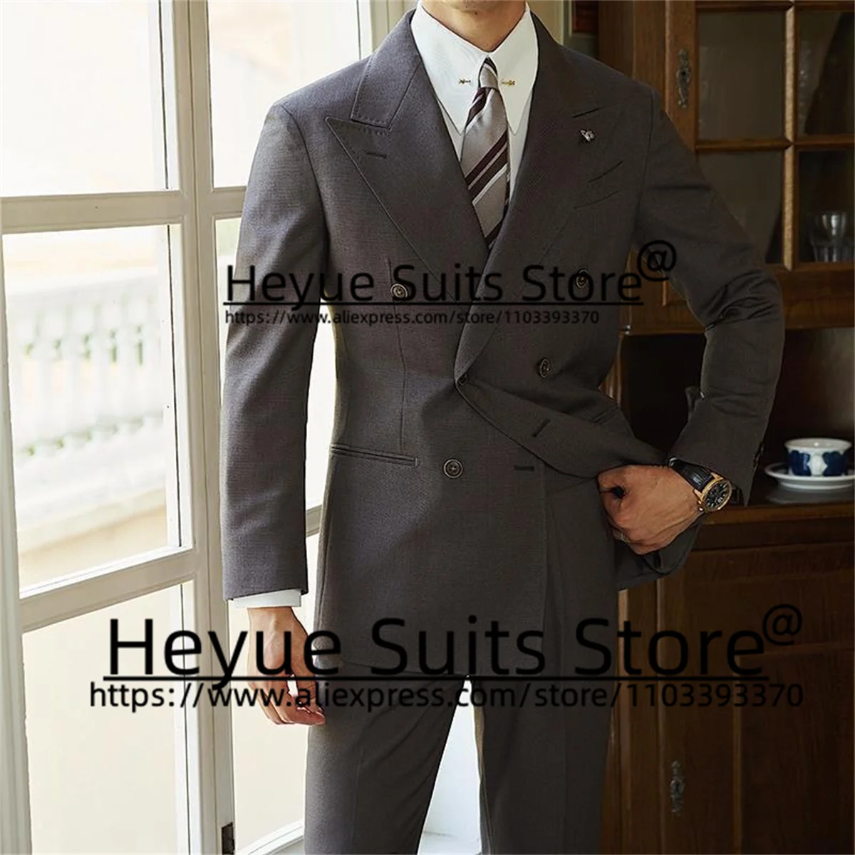Gray Double-breasted Wedding Suits For Men Slim Fit Peak Lapel Groom Formal Tuxedos 2Pcs Sets Business Male Blazer Costume Homme