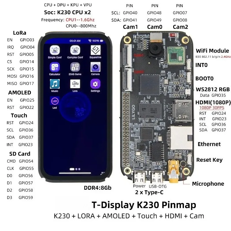 K230 1.6GHz 칩 4.1인치 AMOLED 스크린 Ai 개발 보드 LoRa + 이더넷 포트 + ISP 카메라