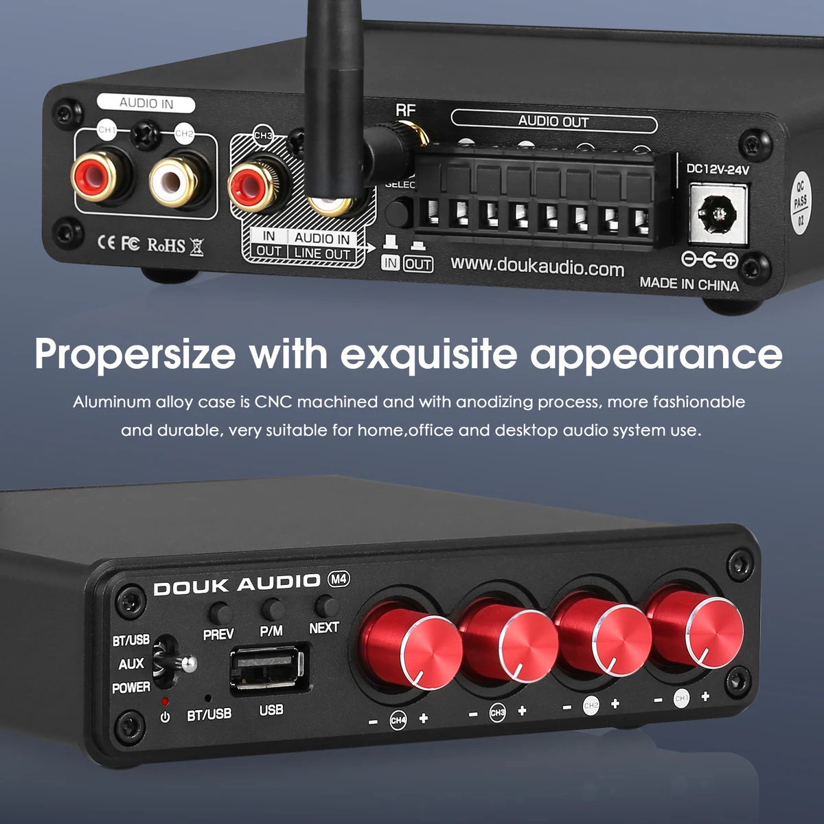 Douk Audio M4 Mini 2/4 Channel Bluetooth 5.0 Digital Amplifier Stereo Audio Receiver Desktop Audio Amp USB Music Player 50W*4 — view 6
