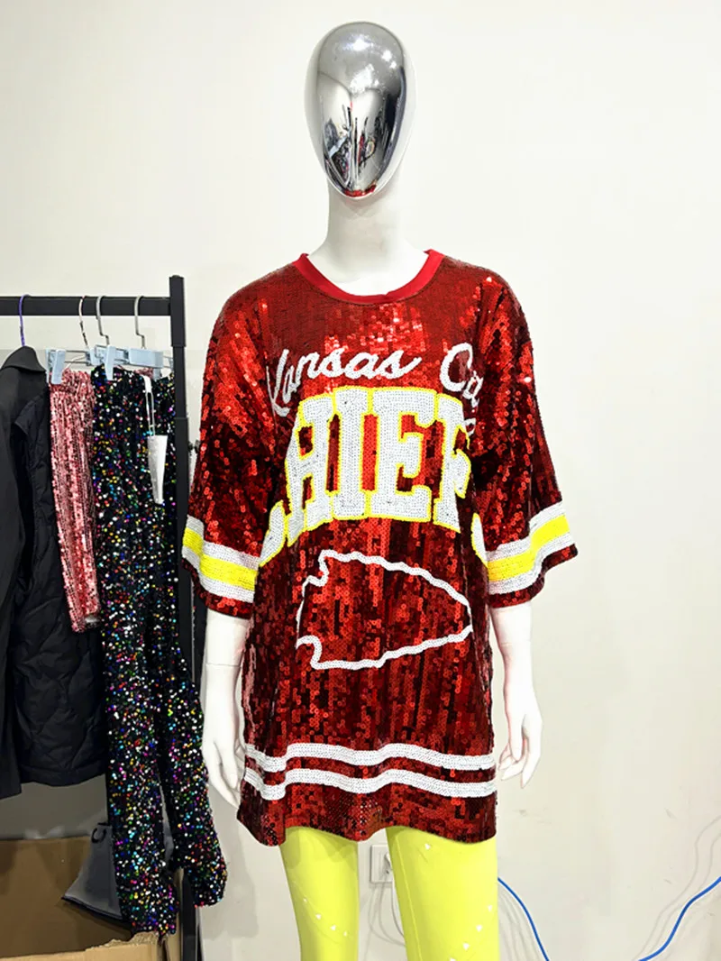 Sports Shirt Summer Short Sleeve Loose Geometry Letter Women's Wear Sequins Streetwear Night Club Hip Hop Straight T-Shirt