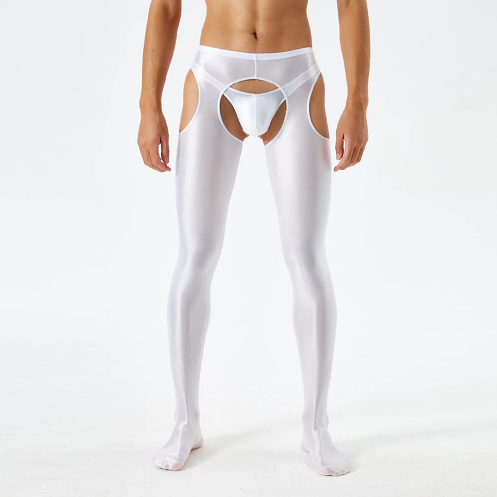 Men Women Sexy Sheer Oil Shiny Glossy Tights Leggings 4 Side Cutout Jumpsuit Crotchless Exposed Cock Open Butt Pantyhose Wetlook