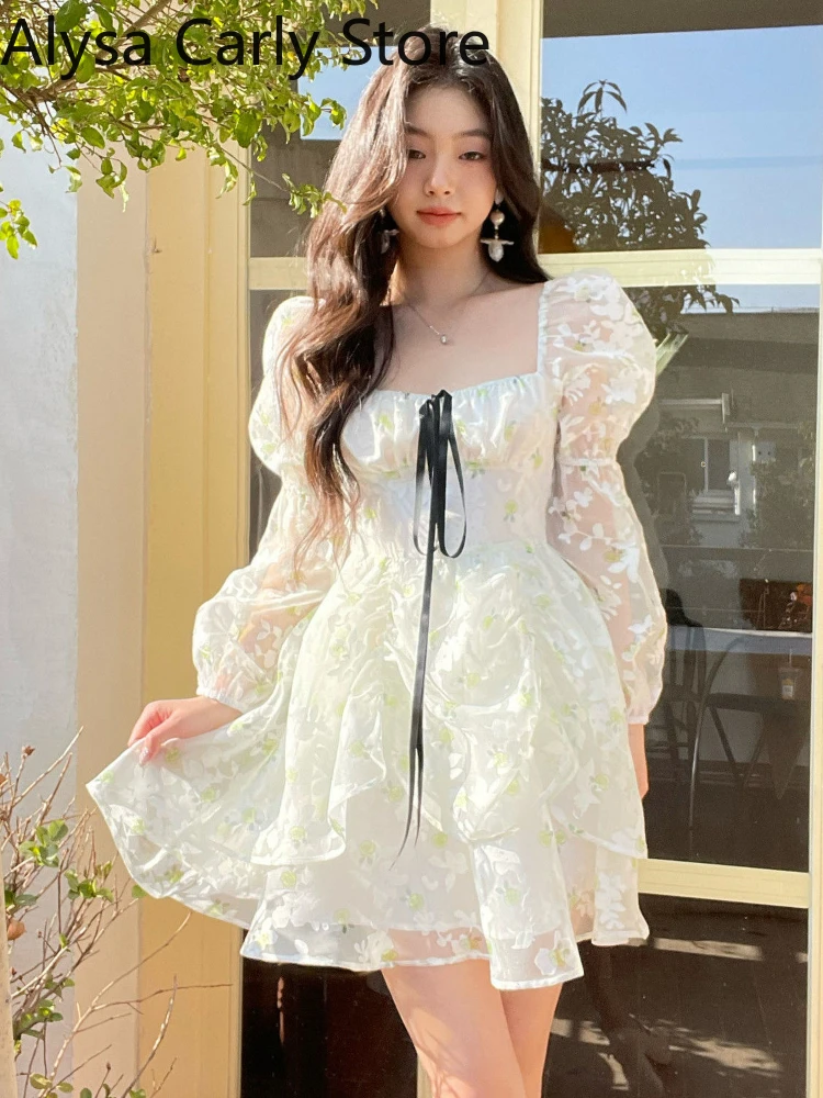 2022 Spring Vintage Floral Dress Women Casual Korean Party Long Sleeve Fairy  Dresses Female Evening High Street Sexy Mini Dress - AliExpress 200000345