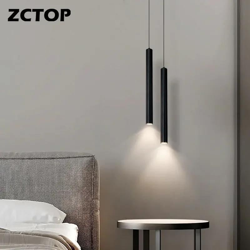 미니멀리스트 LED 펜던트 조명 블랙 화이트 매달려 샹들리에 거실 머리맡 조명 긴 튜브 바 펜던트 램프 서스펜션