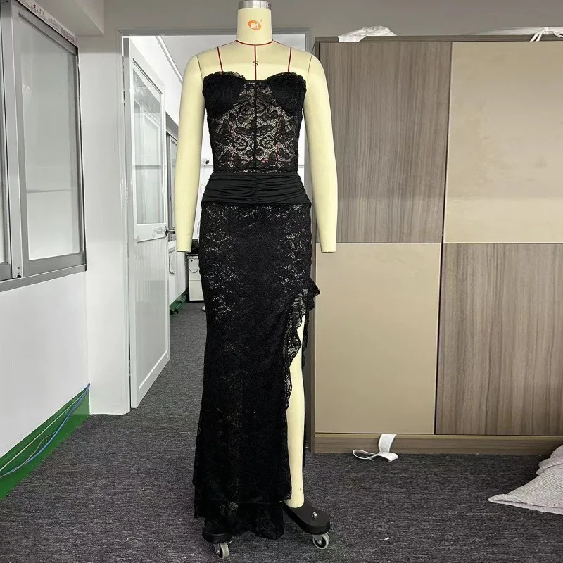 Conjunto de dos piezas de malla blanca con volantes, falda larga, top corto sexy sin espalda y falda larga con abertura lateral para mujer, conjuntos de verano.