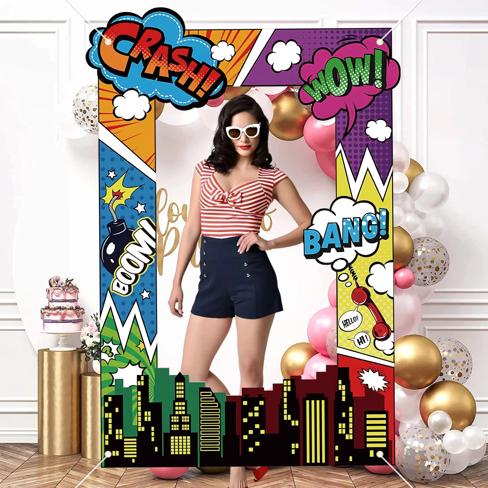 Super Hero Photo Prop Hero Birthday Party Decor Photo Booth Frame Party Banner Backdrop Colorful Background