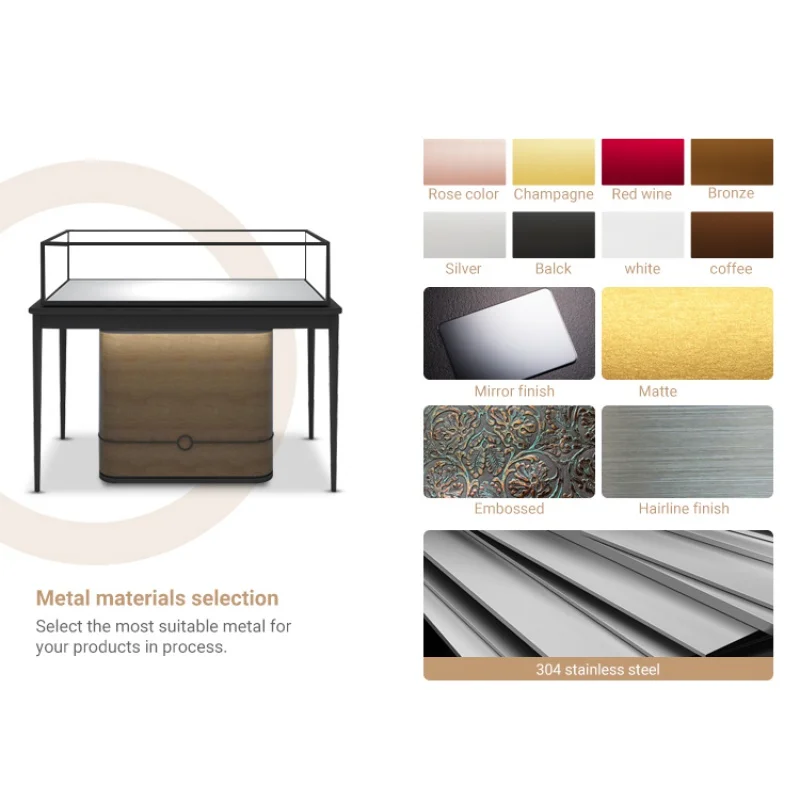 커스텀 럭셔리 상업용 스테인레스 스틸 프레임, 유리 아크릴 빈티지 디스플레이, 맞춤형 쥬얼리 쇼케이스