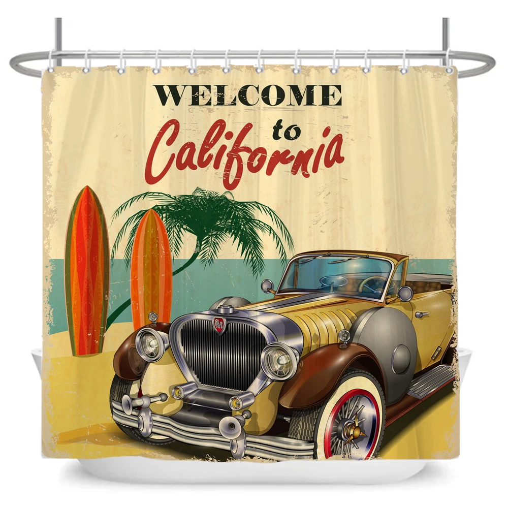 Funny Retro Vintage Car Shower Curtains Waterproof Bathroom Curtain Cool Old Newspaper Bath Curtain