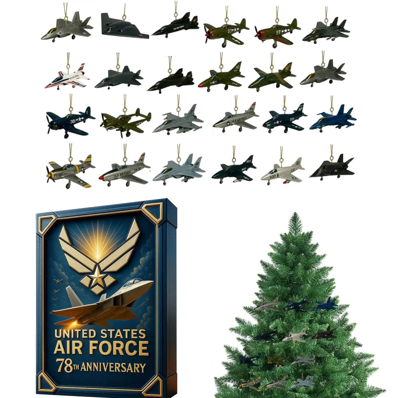 Christmas Aircraft Advent 2D Acrylic Ornaments Decor 24 Days Air Force 78th Anniversaries Tree Ornament for Aviation Enthusiasts